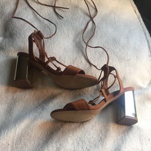 Mirror-Heeled Brown Faux Suede Sandals